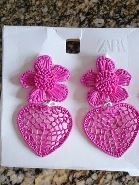 Zara Hot Pink Crochet Floral Heart Drop Earrings